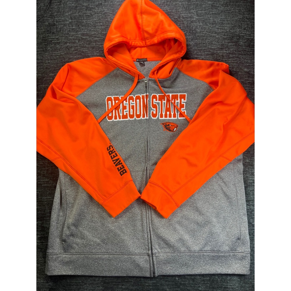 Champion Elite Full Zip Hoodie Mens 2XL Orange Grey Oregon State Beavers Raglan